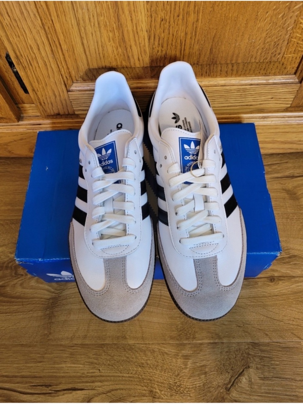 adidas Men’s White Sneakers with Black Stripes and Gray Suede Accents